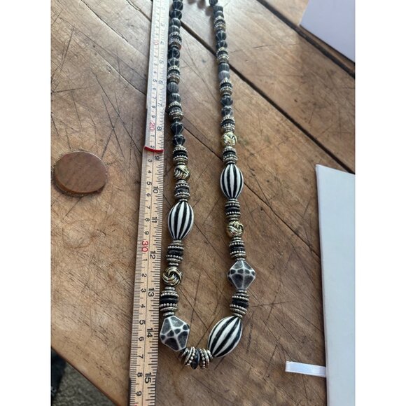 Handcrafted Black & White Beaded Necklace With Gold Accents - 28" Long - Picture 6 of 7